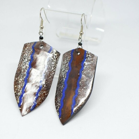 Brown Blue White Large Wood Shield Tribal Earrings - Picture 2 of 4